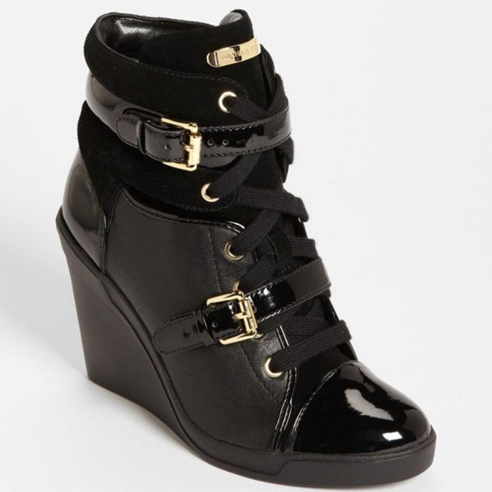 Michael Kors black & gold skid wedge sneaker / lace up ankle boot / bootie shoe